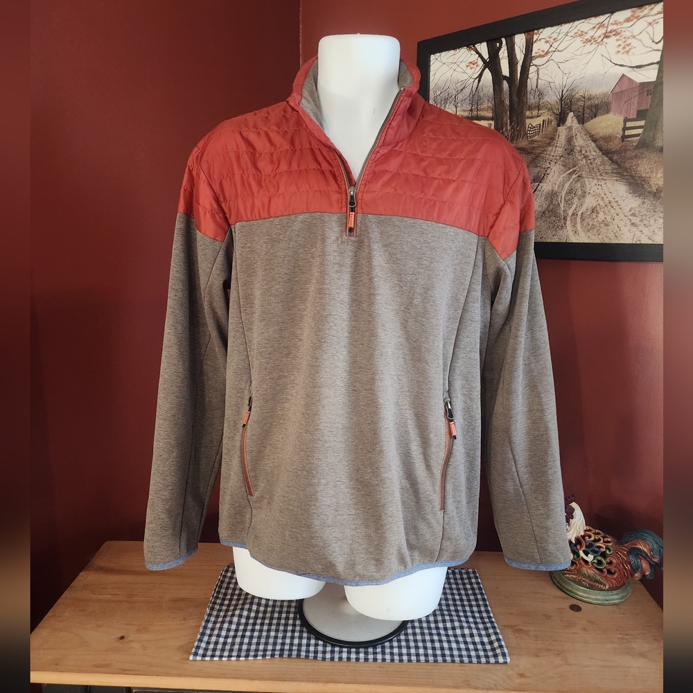 ORVIS Quarter Zip Pullover Gray And Burnt Orange Size Medium